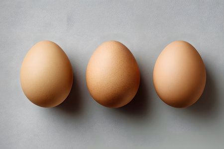 Three brown eggs sit neatly in a row on a smooth gray surface, showing their natural color and shape. The setting emphasizes simplicity and healthy eating.の素材