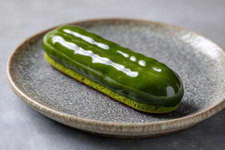 A beautifully crafted green matcha eclair sits on a simple plate. It features layers of vibrant green frosting and a smooth texture, illuminated by soft afternoon light.の素材
