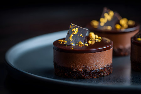 A rich chocolate cake sits elegantly on a black plate, its glossy surface topped with gold flakes and chocolate shards. The setting highlights the dessert's luxurious appeal.の素材