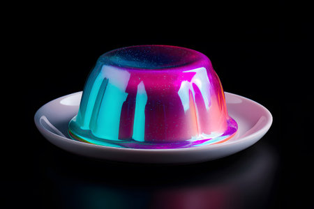 A colorful jello mold in shades of pink and blue is placed on a black surface, creating a striking contrast. The smooth texture and vivid colors make it an eye-catching kitchen item.の素材