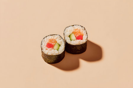 Three sushi rolls sit neatly on a simple background. Each roll contains fresh salmon and creamy avocado, showing vibrant colors. Perfect for sushi lovers.の素材