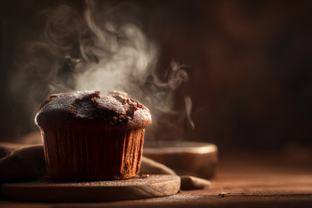 A freshly baked chocolate cake sits on a wooden plate, with steam rising from its surface. The warm dessert is rich in color and texture, creating an inviting atmosphere.の素材