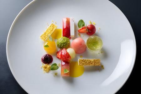 Vibrant dessert artfully arranged on a white plate features fruit jellies, gelato, and colorful garnishes, showing a variety of textures and flavors.の素材