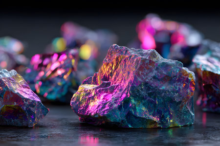 Bright colored crystals catch the light with hues of red, blue, and yellow. Their sparkling surfaces create a mesmerizing display highlighting their natural beauty and shine.の素材