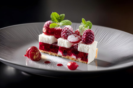 A beautifully crafted dessert features layers of raspberry jelly topped with fresh raspberries, cream, and mint leaves, served on a fine plate. This sweet treat shines with gold accents.の素材
