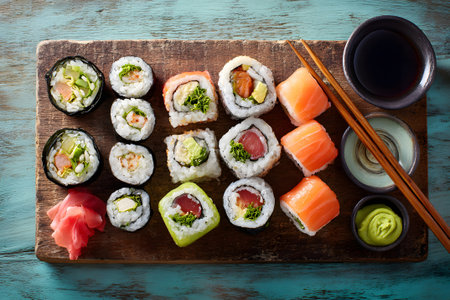 Various types of sushi rolls are neatly arranged on a wooden board, accompanied by soy sauce, wasabi, and pickled ginger. The scene captures a vibrant and appetizing sushi spread.の素材