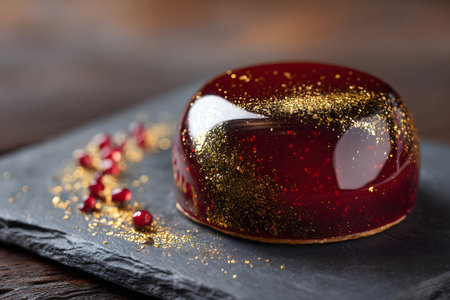A glossy black dessert sits on a slate plate, adorned with gold specks and shimmering details. The rich textures create a visually striking presentation ideal for special occasions.の素材