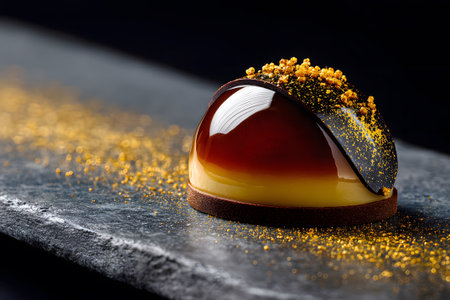 A glossy black dessert sits on a slate plate, adorned with gold specks and shimmering details. The rich textures create a visually striking presentation ideal for special occasions.の素材