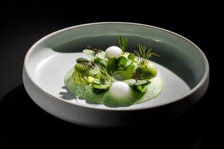 A beautiful green dessert sits attractively in a round dish. It features layers of vibrant ingredients topped with fresh herbs, creating a stunning presentation that highlights culinary artistry.の素材