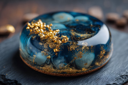 A glossy black dessert sits on a slate plate, adorned with gold specks and shimmering details. The rich textures create a visually striking presentation ideal for special occasions.の素材