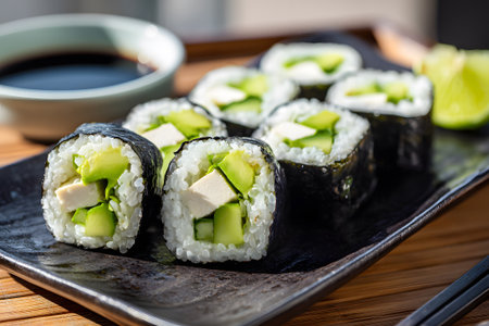 Fresh sushi rolls with cucumber and grilled chicken are presented on a black plate. A small bowl of soy sauce and a lime wedge accompany the dish for added flavor.の素材