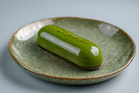 A beautifully crafted green matcha eclair sits on a simple plate. It features layers of vibrant green frosting and a smooth texture, illuminated by soft afternoon light.の素材