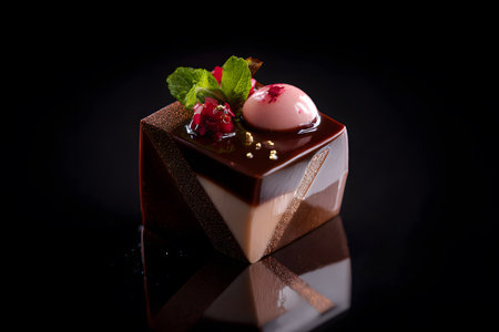 A vibrant dessert featuring a glossy red layer, topped with strawberries, raspberries, and blackberries, elegantly presented on a sleek black plate in a restaurant setting.の素材