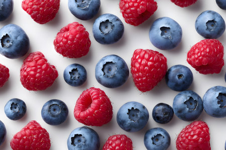 Bright red raspberries and deep blue blueberries are beautifully scattered on a plain white surface, showing their fresh and juicy appeal. Perfect for a healthy treat.の素材