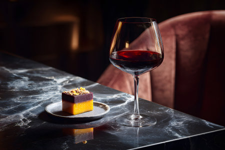 A glass of red wine sits next to a chocolate dessert topped with fresh raspberries on a dark marble table. The low light creates a cozy atmosphere, perfect for a refined evening.の素材