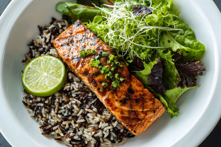 A salmon fillet sits atop a bed of wild rice, accompanied by steamed broccoli and fresh lemon slices. This healthy meal is colorful and nutritious, ideal for any dining occasion.の素材
