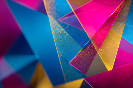 Bright geometric shapes in various colors combine to form an engaging abstract design. Reflections and gradient effects enhance the visual appeal, creating depth and interest.の素材