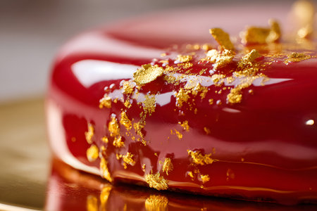 A beautifully crafted red dessert sits on a gold rimmed plate, showing a glossy glaze, gold accents, and fresh raspberries. It's a perfect treat for a special occasion.の素材