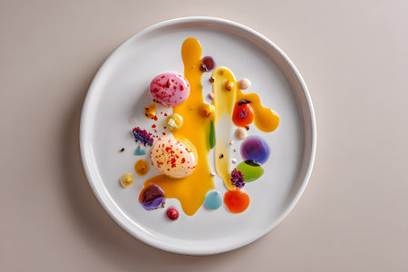 A beautifully arranged dessert features vibrant colors and different textures on a white plate. Splatters of sauce surround delicate pastries, creating an inviting presentation.の素材