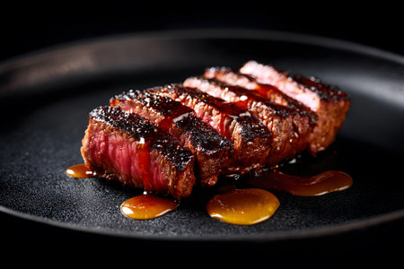 Thick slices of grilled steak are arranged neatly on a black plate. The meat is perfectly cooked with a juicy pink center and is drizzled with a flavorful sauce, ideal for a gourmet meal.の素材