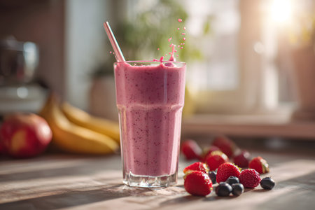 A vibrant pink smoothie splashes out of a tall glass on a wooden table. Fresh fruits like strawberries and peaches are nearby, creating a lively kitchen atmosphere.の素材