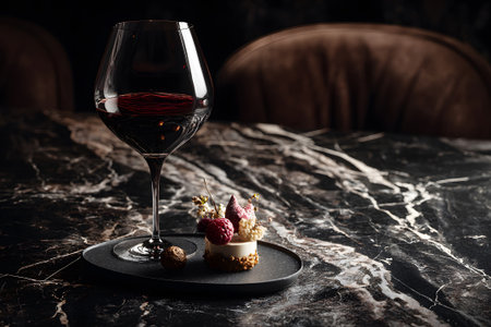 A glass of red wine sits next to a chocolate dessert topped with fresh raspberries on a dark marble table. The low light creates a cozy atmosphere, perfect for a refined evening.の素材