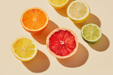 Bright and colorful citrus fruit slices including grapefruit, orange, lemon, lime, and tangerine are arranged artistically on a light background. The display creates a cheerful and fresh atmosphere.の素材
