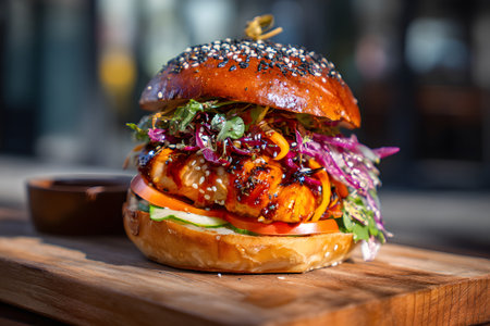 A grilled chicken sandwich features vibrant toppings like purple cabbage and fresh greens, served on a rustic wooden board in a bright outdoor environment.の素材