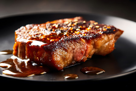 Thick slices of grilled steak are arranged neatly on a black plate. The meat is perfectly cooked with a juicy pink center and is drizzled with a flavorful sauce, ideal for a gourmet meal.の素材