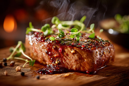 A perfectly cooked steak sizzling with flavorful sauce and topped with fresh herbs sits on a wooden board. The warm ambiance highlights the texture and richness of the dish.の素材