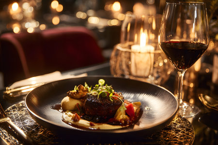 A beautifully plated steak dish is set on a wooden table, paired with a glass of red wine. The dimly lit restaurant exudes a warm and inviting atmosphere, perfect for a special night out.の素材