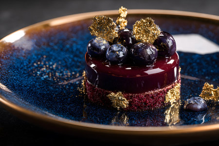 A visually striking dessert features a smooth jelly-like base topped with fresh blueberries and edible gold leaf. The dish is elegantly presented on a beautiful blue plate.の素材