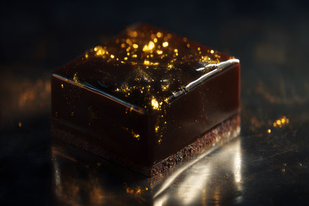 A dark chocolate treat is elegantly presented, topped with edible gold. The shiny surface reflects light, enhancing the sophisticated look of this decadent dessert.の素材