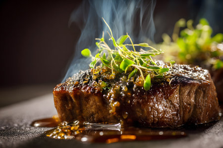 A perfectly cooked steak sizzling with flavorful sauce and topped with fresh herbs sits on a wooden board. The warm ambiance highlights the texture and richness of the dish.の素材