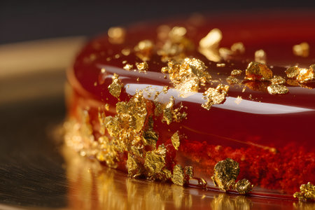 A beautifully crafted red dessert sits on a gold rimmed plate, showing a glossy glaze, gold accents, and fresh raspberries. It's a perfect treat for a special occasion.の素材