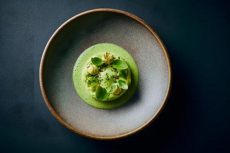 A beautiful green dessert sits attractively in a round dish. It features layers of vibrant ingredients topped with fresh herbs, creating a stunning presentation that highlights culinary artistry.の素材