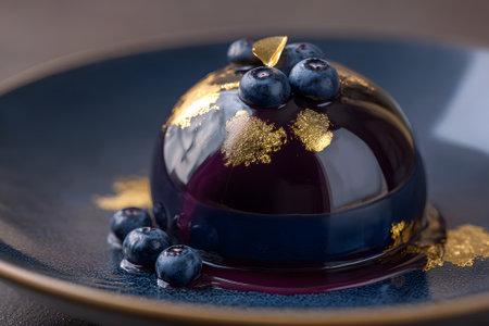 A visually striking dessert features a smooth jelly-like base topped with fresh blueberries and edible gold leaf. The dish is elegantly presented on a beautiful blue plate.の素材