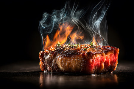 Perfectly cooked steak slices are displayed with smoky tendrils rising and a hint of fire in the background. The vibrant colors showcase a flavorful meal ready to enjoy.の素材