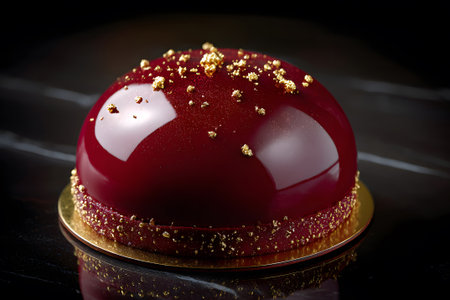 A beautifully crafted glossy red dessert is presented on a gold plate. The dessert is adorned with golden flakes and fresh berries, creating a striking visual appeal.の素材