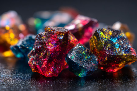 Bright colored crystals catch the light with hues of red, blue, and yellow. Their sparkling surfaces create a mesmerizing display highlighting their natural beauty and shine.の素材