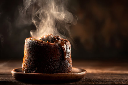 A freshly baked chocolate cake sits on a wooden plate, with steam rising from its surface. The warm dessert is rich in color and texture, creating an inviting atmosphere.の素材