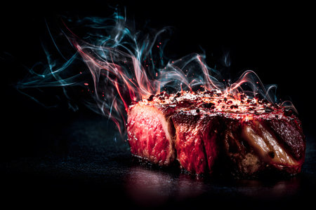 Perfectly cooked steak slices are displayed with smoky tendrils rising and a hint of fire in the background. The vibrant colors showcase a flavorful meal ready to enjoy.の素材