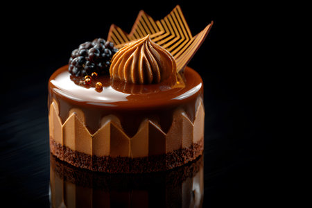 Exquisite dessert crafted with rich chocolate, topped with colorful fruits and delicate garnishes. This dish is set on a shiny black surface for a striking presentation.の素材