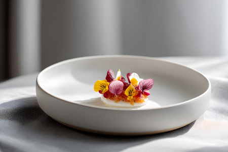 A beautifully arranged dish showcases tender meat surrounded by vibrant vegetables and herbs. The setting is illuminated by natural light, enhancing its fresh appearance.の素材