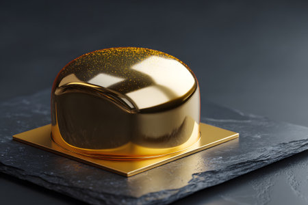 A beautifully designed chocolate cake sits on a gold platter against a dark slate background. The cake features rich chocolate glaze and artistic decorations with gold.の素材
