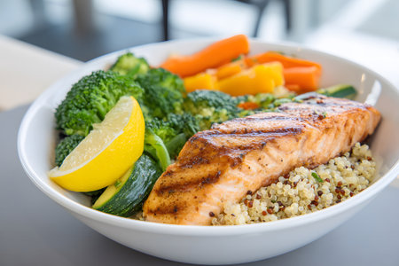 A plate features grilled salmon alongside colorful steamed vegetables and quinoa. The dish is garnished with slices of lemon, creating a vibrant and healthy meal option.の素材
