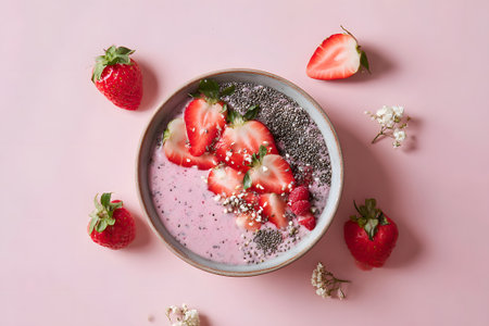 Brightly colored fruit bowl displays fresh strawberries, blueberries, kiwi, raspberries, mango, and banana on yogurt with chia seeds.の素材
