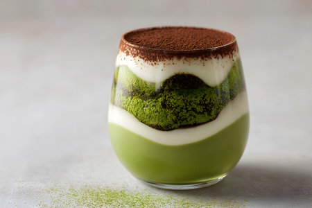 This layered dessert showcases rich matcha and creamy textures, topped with cocoa powder. It is elegantly served in a clear glass on a smooth gray surface.の素材