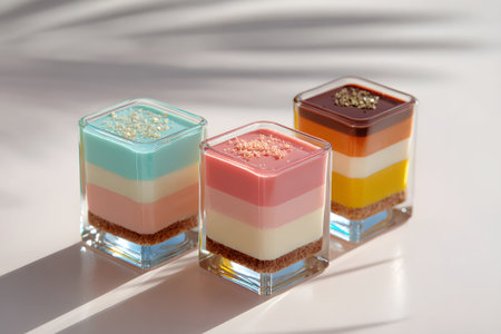 Delicious mini dessert cups filled with various layers of flavors and garnished with fruits are displayed on a bright table in a cozy cafe. The natural light enhances their colorful presentation.の素材