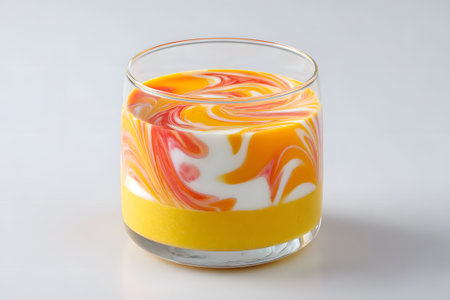 A glass filled with a creamy mango smoothie sits next to a whole mango and green leaves on a soft, light background. The drink features a swirl of yellow and white, highlighting freshness.の素材